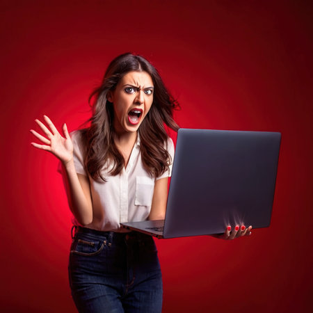 Screaming upset shocked melodramatic woman holding laptop computerの素材