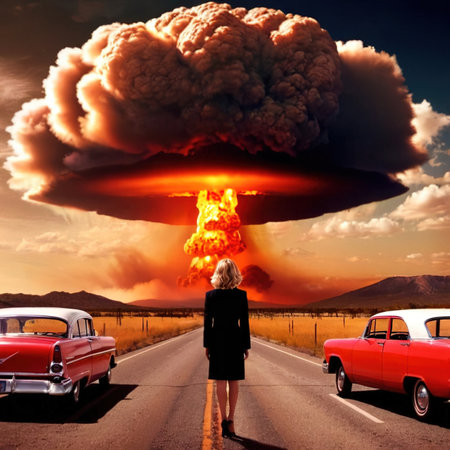 Woman standing in front of nuclear atomic bomb blastの素材