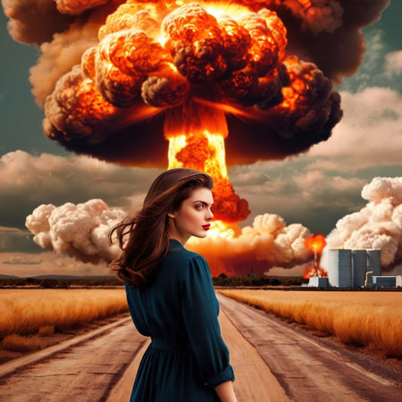 Woman standing in front of nuclear atomic bomb blastの素材