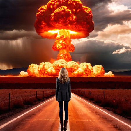Woman standing in front of nuclear atomic bomb blastの素材