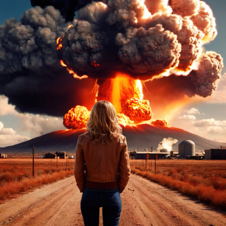 Woman standing in front of nuclear atomic bomb blastの素材