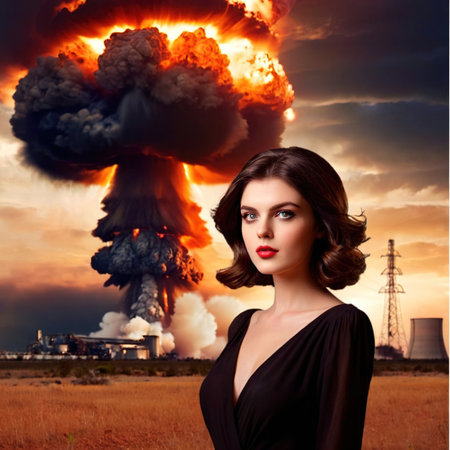 Woman standing in front of nuclear atomic bomb blastの素材