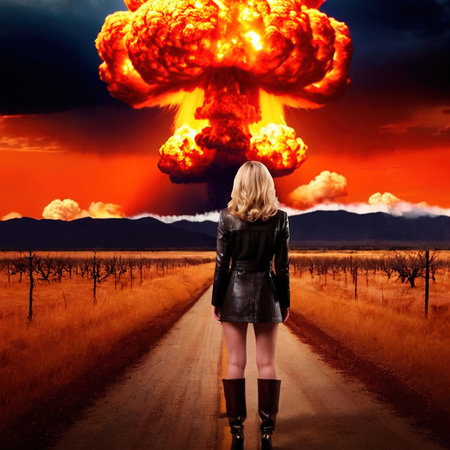 Woman standing in front of nuclear atomic bomb blastの素材