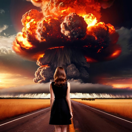Woman standing in front of nuclear atomic bomb blastの素材