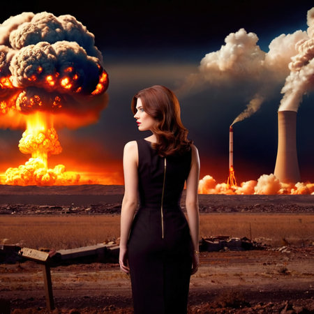 Woman standing in front of nuclear atomic bomb blastの素材