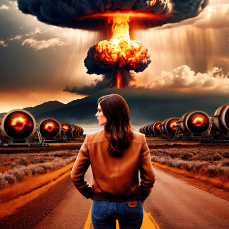 Woman standing in front of nuclear atomic bomb blastの素材