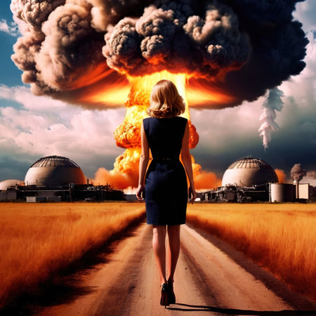 Woman standing in front of nuclear atomic bomb blastの素材