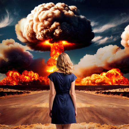 Woman standing in front of nuclear atomic bomb blastの素材