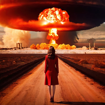 Woman standing in front of nuclear atomic bomb blastの素材
