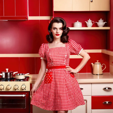Retro housewife in red and white checkered dress in vintage kitchenの素材