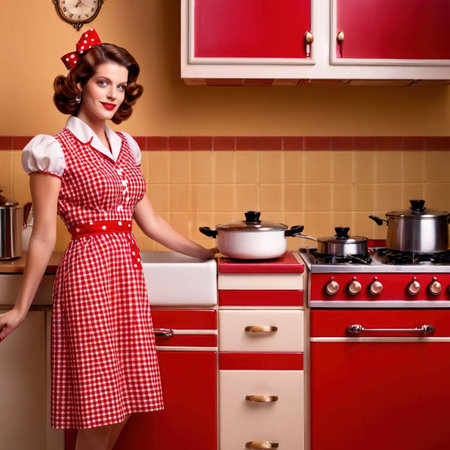 Retro housewife in red and white checkered dress in vintage kitchenの素材