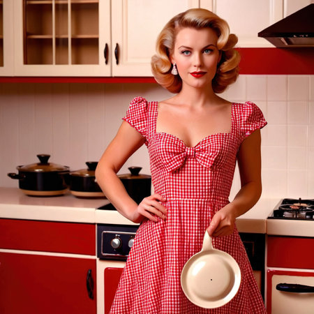 Retro housewife in red and white checkered dress in vintage kitchenの素材