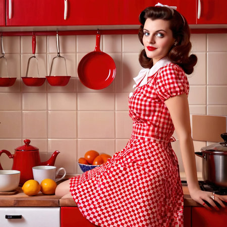 Retro housewife in red and white checkered dress in vintage kitchenの素材