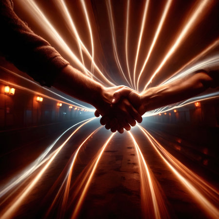 Shaking hands, dynamic photo of friendship, agreement, and trust with dynamic light streaksの素材