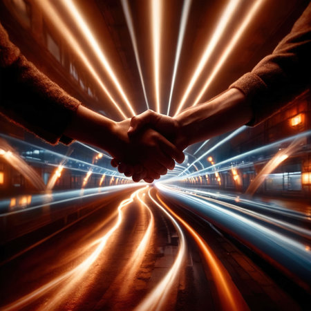 Shaking hands, dynamic photo of friendship, agreement, and trust with dynamic light streaksの素材