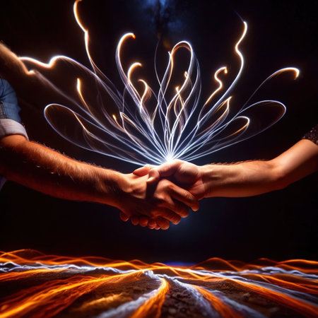 Shaking hands, dynamic photo of friendship, agreement, and trust with dynamic light streaksの素材