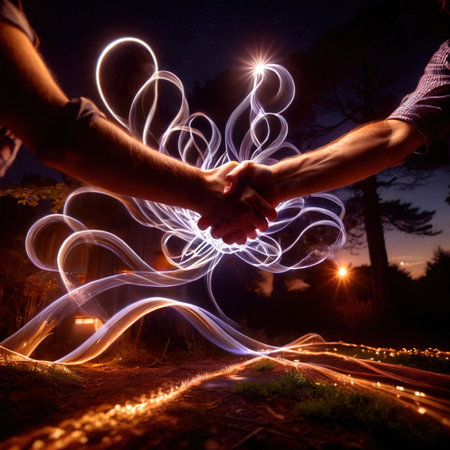 Shaking hands, dynamic photo of friendship, agreement, and trust with dynamic light streaksの素材
