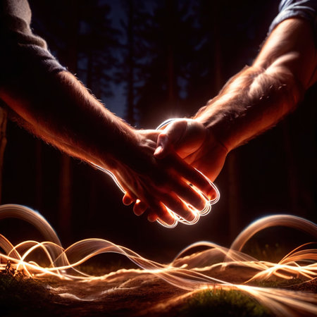 Shaking hands, dynamic photo of friendship, agreement, and trust with dynamic light streaksの素材