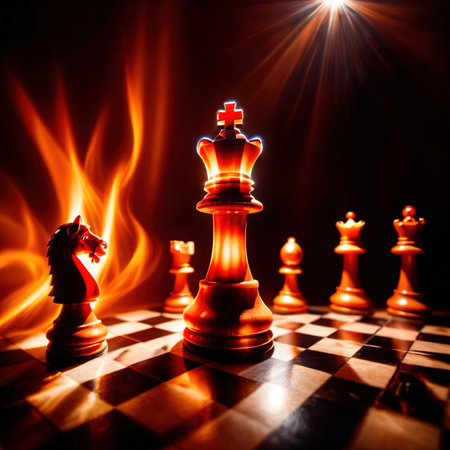 Chess pieces, strategy tactics game, colorful brightly lit, glowingの素材