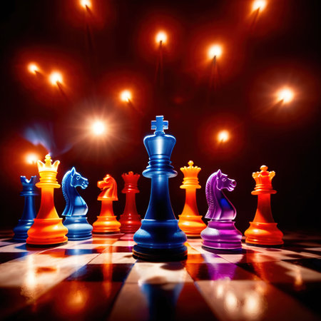 Chess pieces, strategy tactics game, colorful brightly lit, glowingの素材