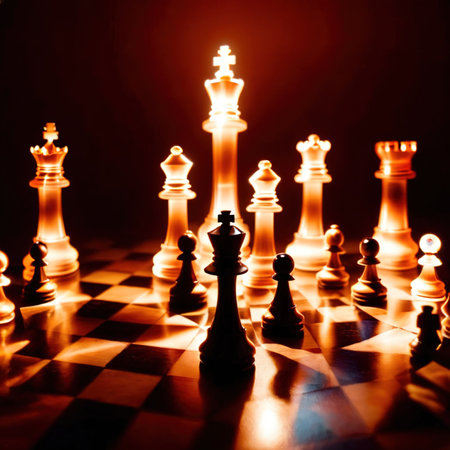 Chess pieces, strategy tactics game, colorful brightly lit, glowingの素材