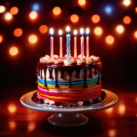 Birthday cake with candles, glowing long exposure photo with light streaksの素材