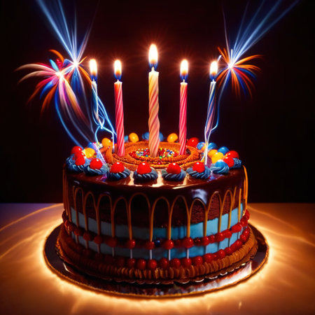 Birthday cake with candles, glowing long exposure photo with light streaksの素材