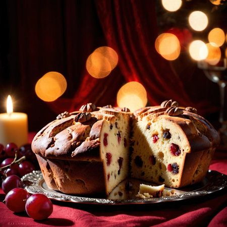 Panettone , traditional popular sweet dessert cake, christmas bread food photoの素材