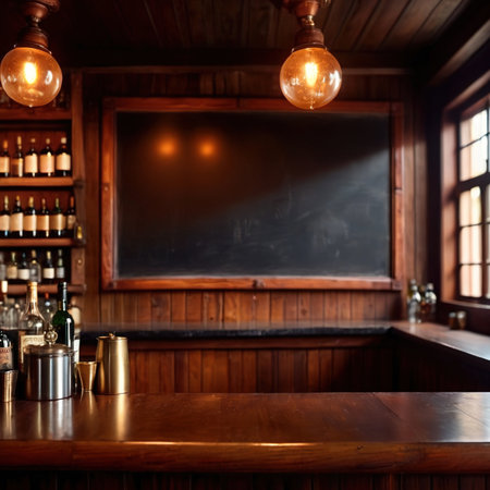 Blank, empty blackboard sign on wall behind bar in restaurantの素材