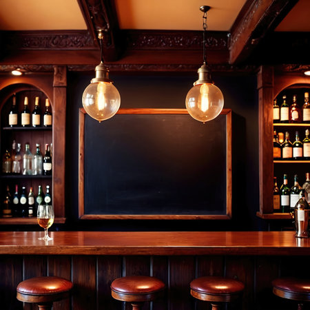 Blank, empty blackboard sign on wall behind bar in restaurantの素材