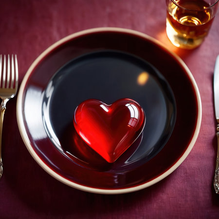 Heart friendly diet, with red heart on a dining plateの素材