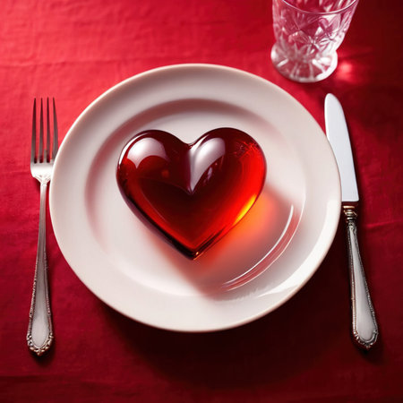 Heart friendly diet, with red heart on a dining plateの素材