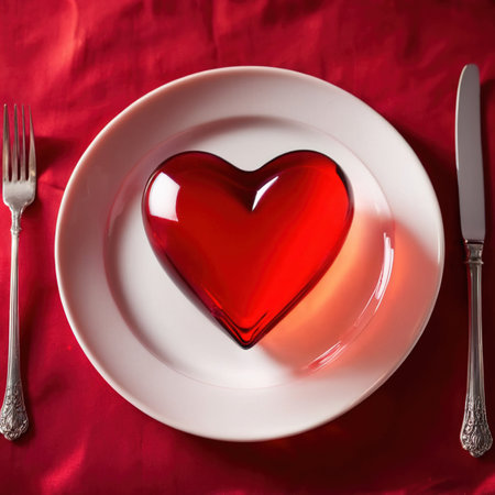 Heart friendly diet, with red heart on a dining plateの素材