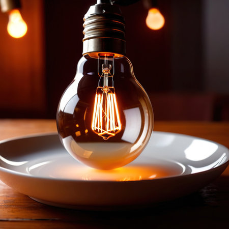 Diet of ideas imagination and creativity, bright lightbulb on a dinner plateの素材