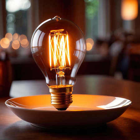 Diet of ideas imagination and creativity, bright lightbulb on a dinner plateの素材