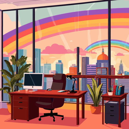 Rainbow inside office, showing corporate diversity and inclusiveness in businessのイラスト素材