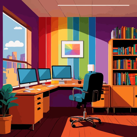 Rainbow inside office, showing corporate diversity and inclusiveness in businessのイラスト素材
