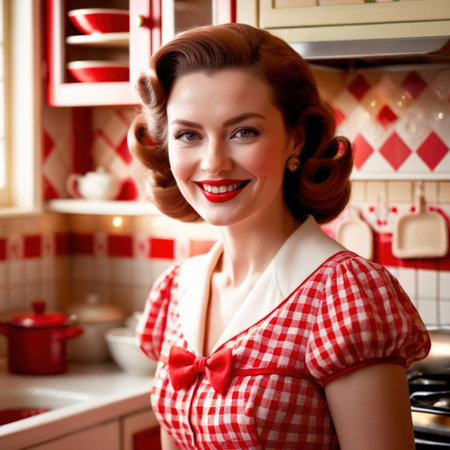 Smiling happy retro vintage 1950s housewife in red kitchenの素材
