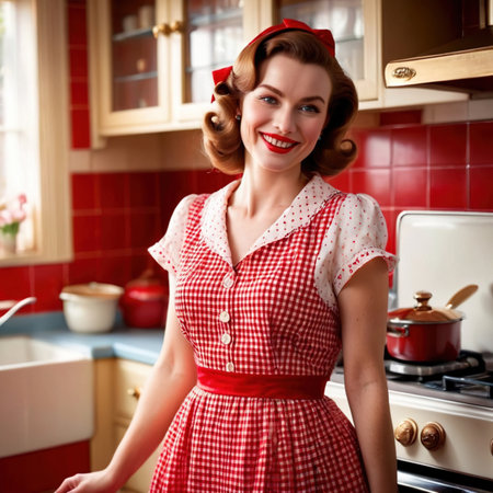 Smiling happy retro vintage 1950s housewife in red kitchenの素材