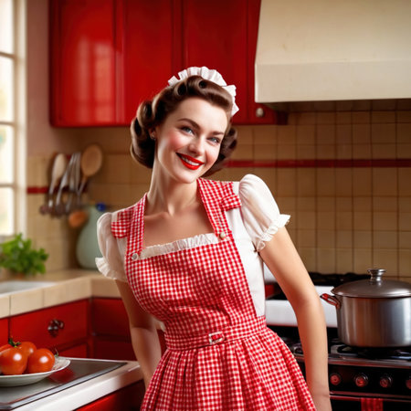 Smiling happy retro vintage 1950s housewife in red kitchenの素材