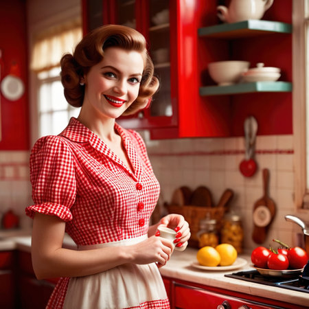 Smiling happy retro vintage 1950s housewife in red kitchenの素材