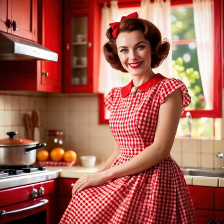 Smiling happy retro vintage 1950s housewife in red kitchenの素材