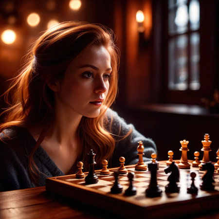 Young woman playing chess, concentrating on competition, glowing lightingの素材