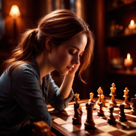 Young woman playing chess, concentrating on competition, glowing lightingの素材