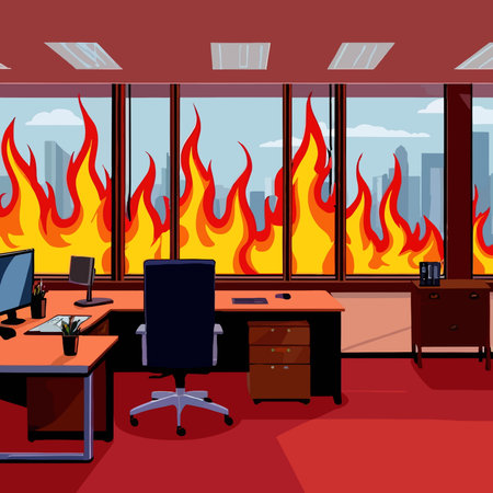 Interior of a business office room on fire, vector clipart illustrationのイラスト素材