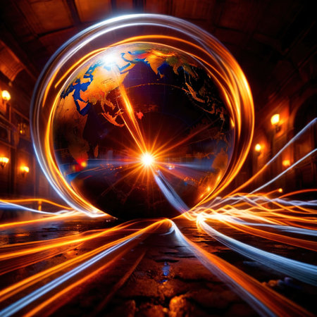 International movement, transport and connectivitiy represented by light streaks circling the globeの素材