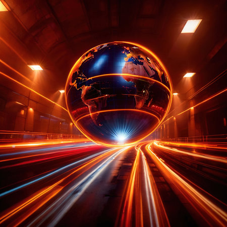 International movement, transport and connectivitiy represented by light streaks circling the globeの素材