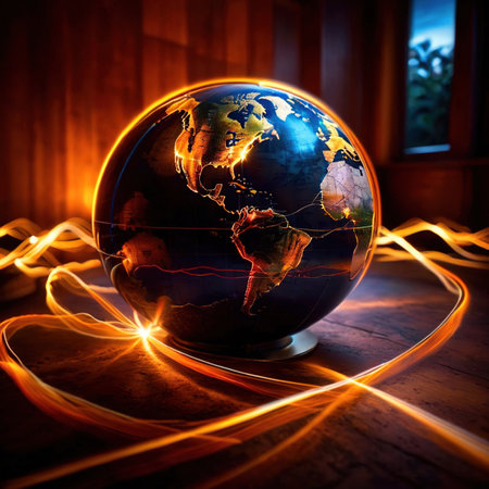 International movement, transport and connectivitiy represented by light streaks circling the globeの素材