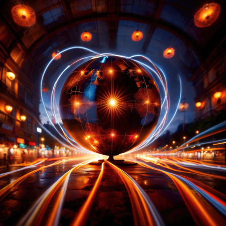 International movement, transport and connectivitiy represented by light streaks circling the globeの素材
