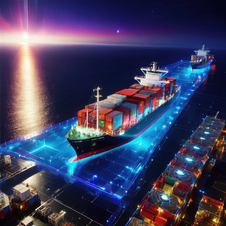 Smart logistics and transportation by sea with container ship digital AI representationの素材